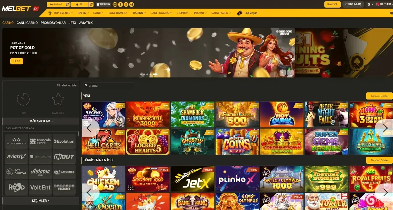 Melbet App slot oyunları arayüzü geniş görsel